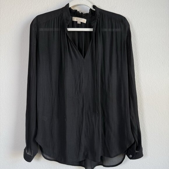Loft Women's Small‎ Sheer Long Sleeve Smocked Tie Neck Blouse Black Casual - Picture 11 of 14